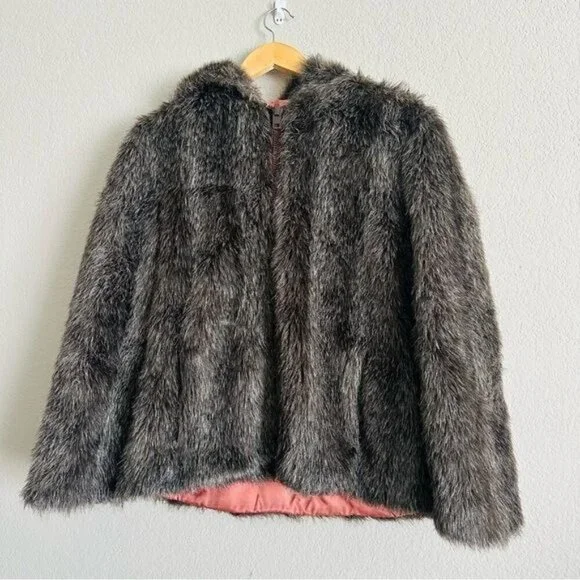 Vintage Brown Real Fur Hooded Zip Jacket Size Medium Mobwife Retro Style - Picture 2 of 10